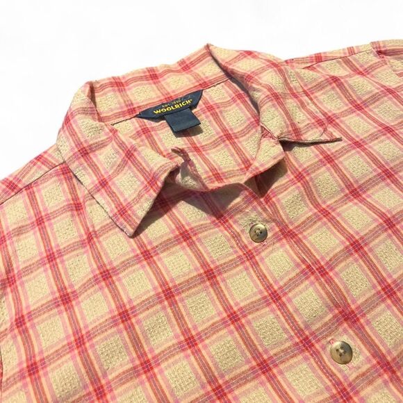 Vintage 80’s Woolrich Women’s Button Up Short Sleeve Yellow Plaid Sz Small - Picture 2 of 5